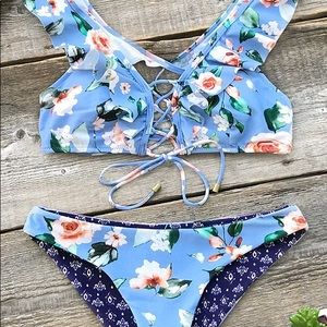 Blue Floral Reversible Bikini With Ruffle